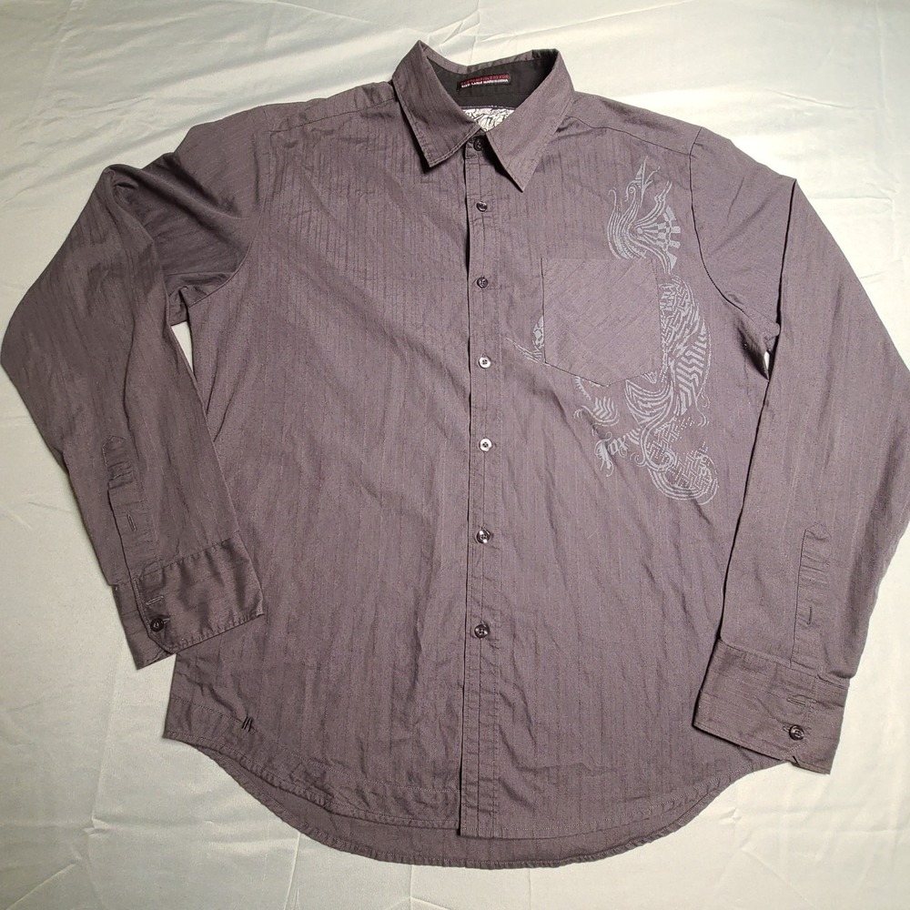 Fox Racing Button Up‎ Shirt Mens Large Gray Graphic Long Sleeve Moto Streetwear
